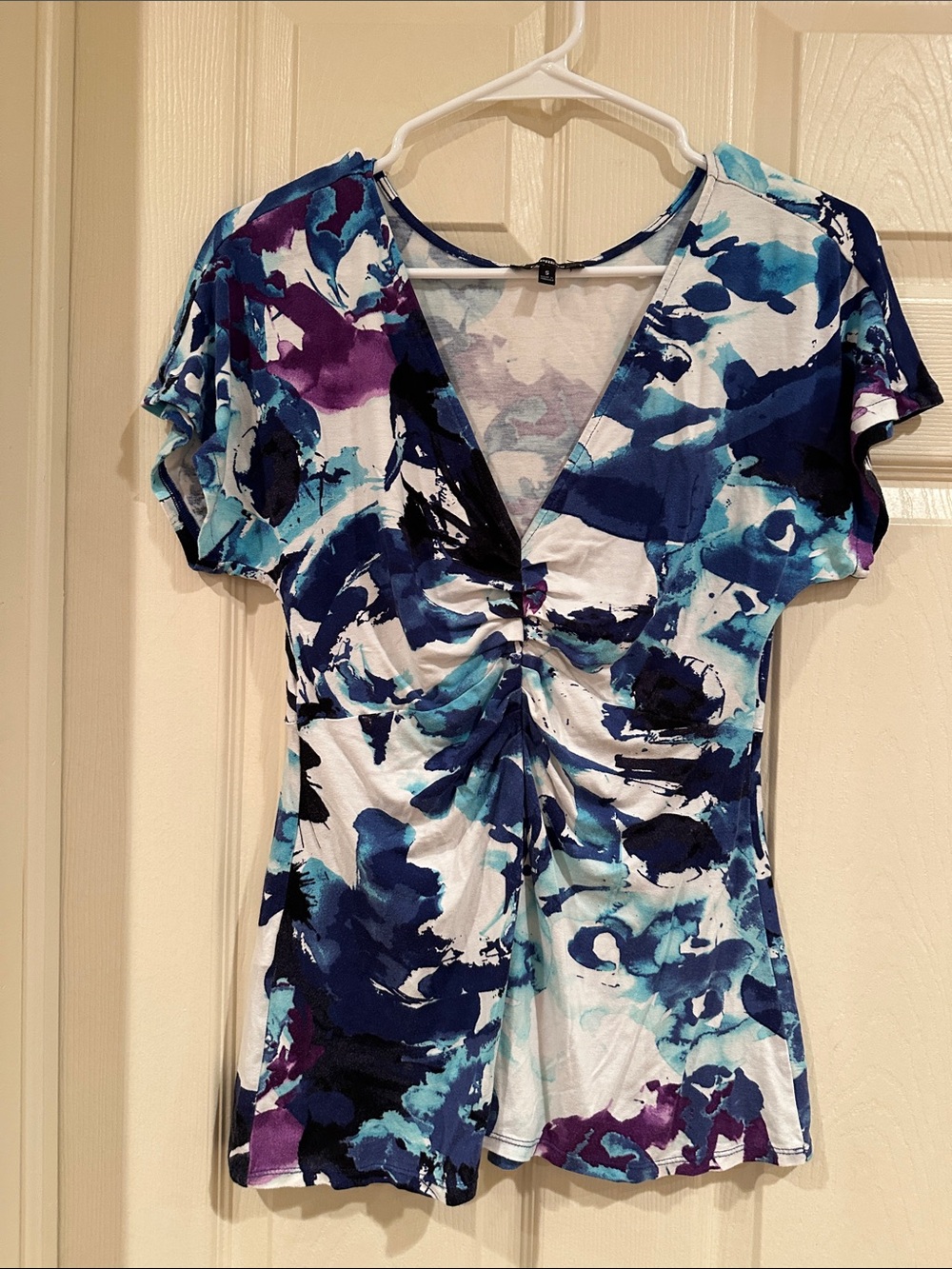Express Abstract Floral V-Neck Ruched Front Top - Blue, White, Purple